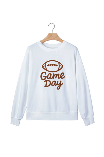 White Embroidered Slogan Game Day Rugby Pattern Crewneck Sweatshirt