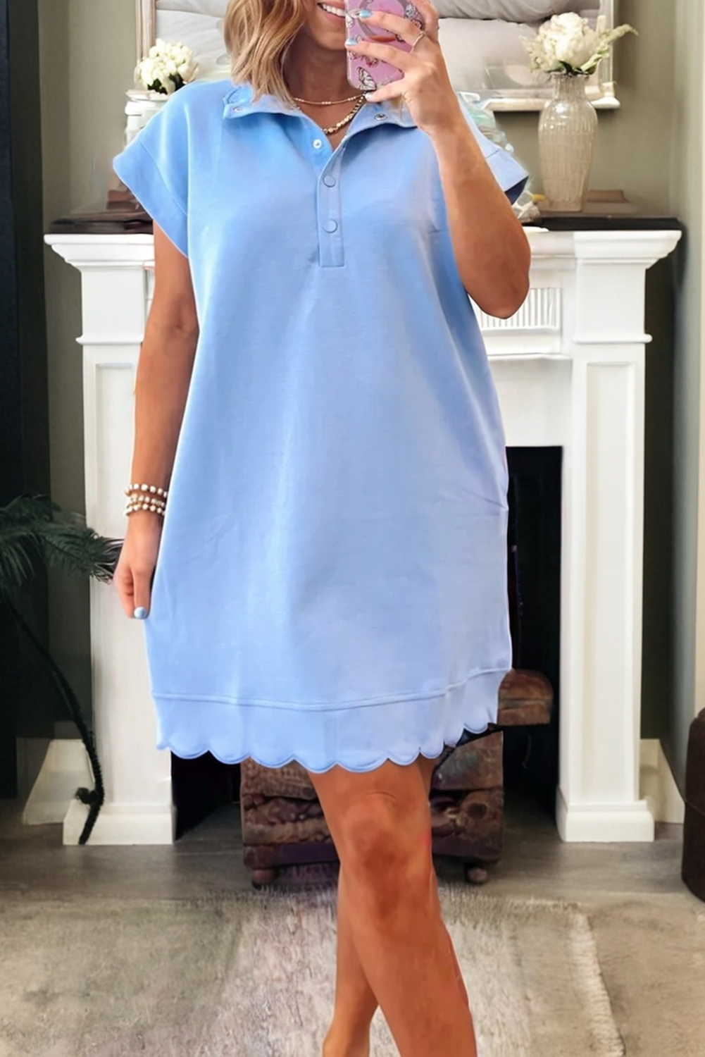 Sea Green Solid Color Snap Button Polo Collar Short Sleeve Scallop Hem Mini Dress