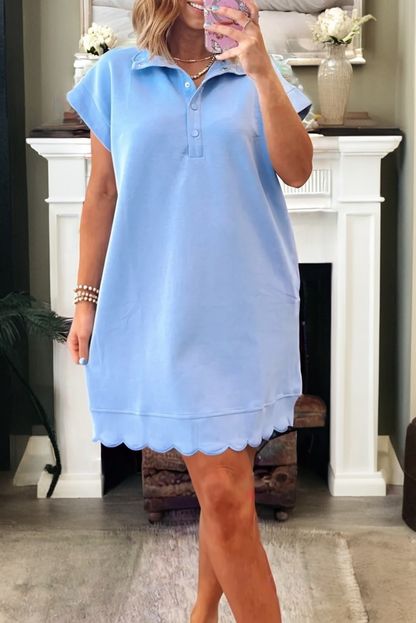 Sea Green Solid Color Snap Button Polo Collar Short Sleeve Scallop Hem Mini Dress