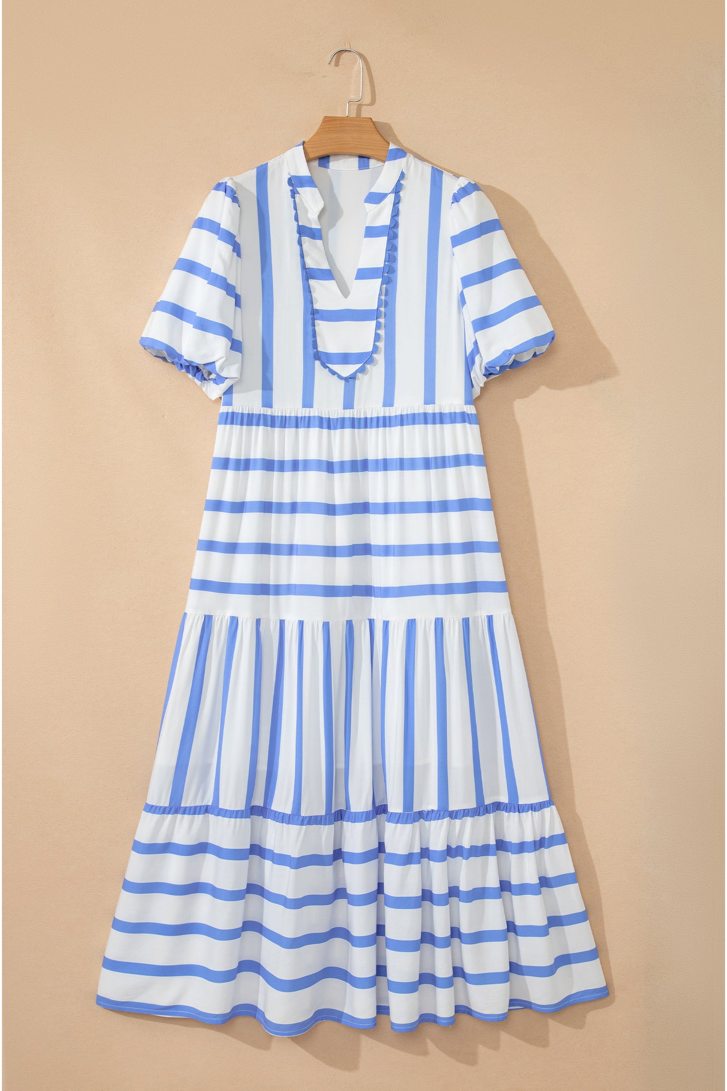 Green Stripe Ricrac Trim Notched Neck Half Sleeve Vacation Dress