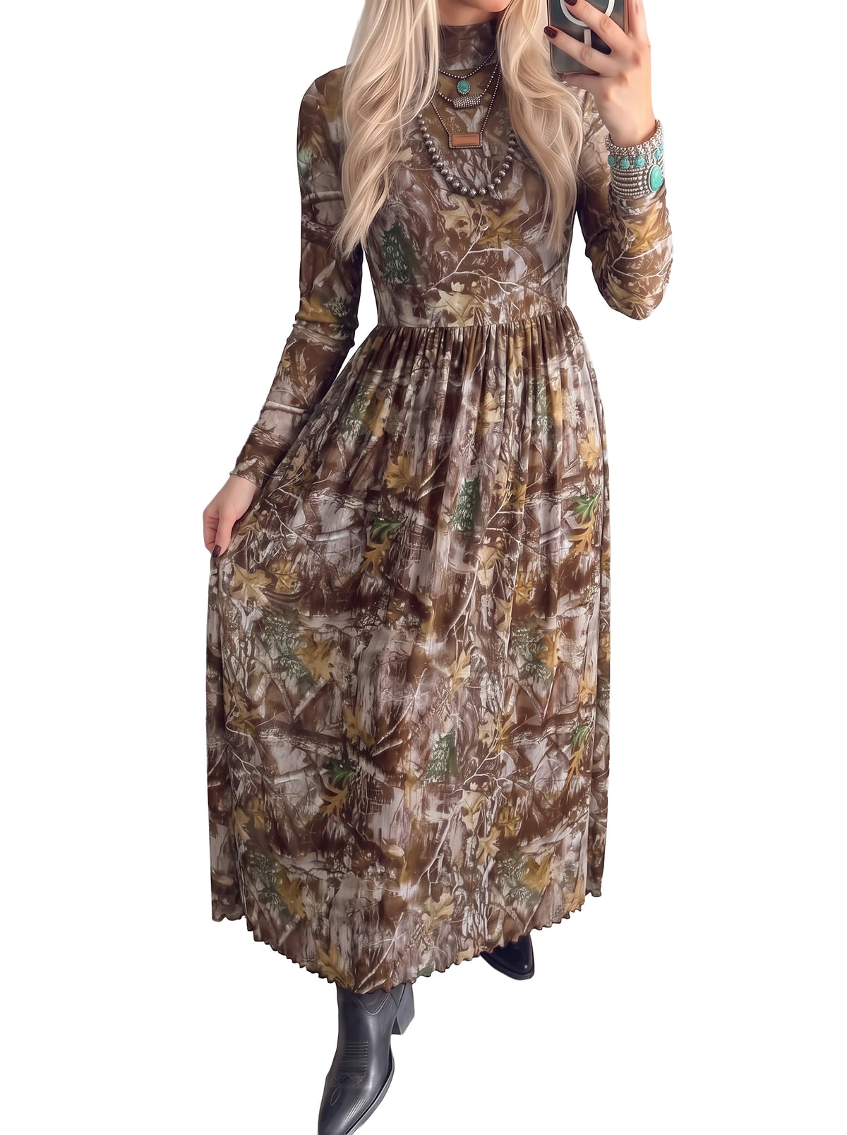 Brown Western Print Mesh Long Sleeve Maxi Dress