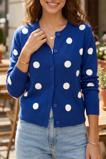 Fiery Red Casual Polka Dot Button Front Long Sleeve Sweater Cardigan