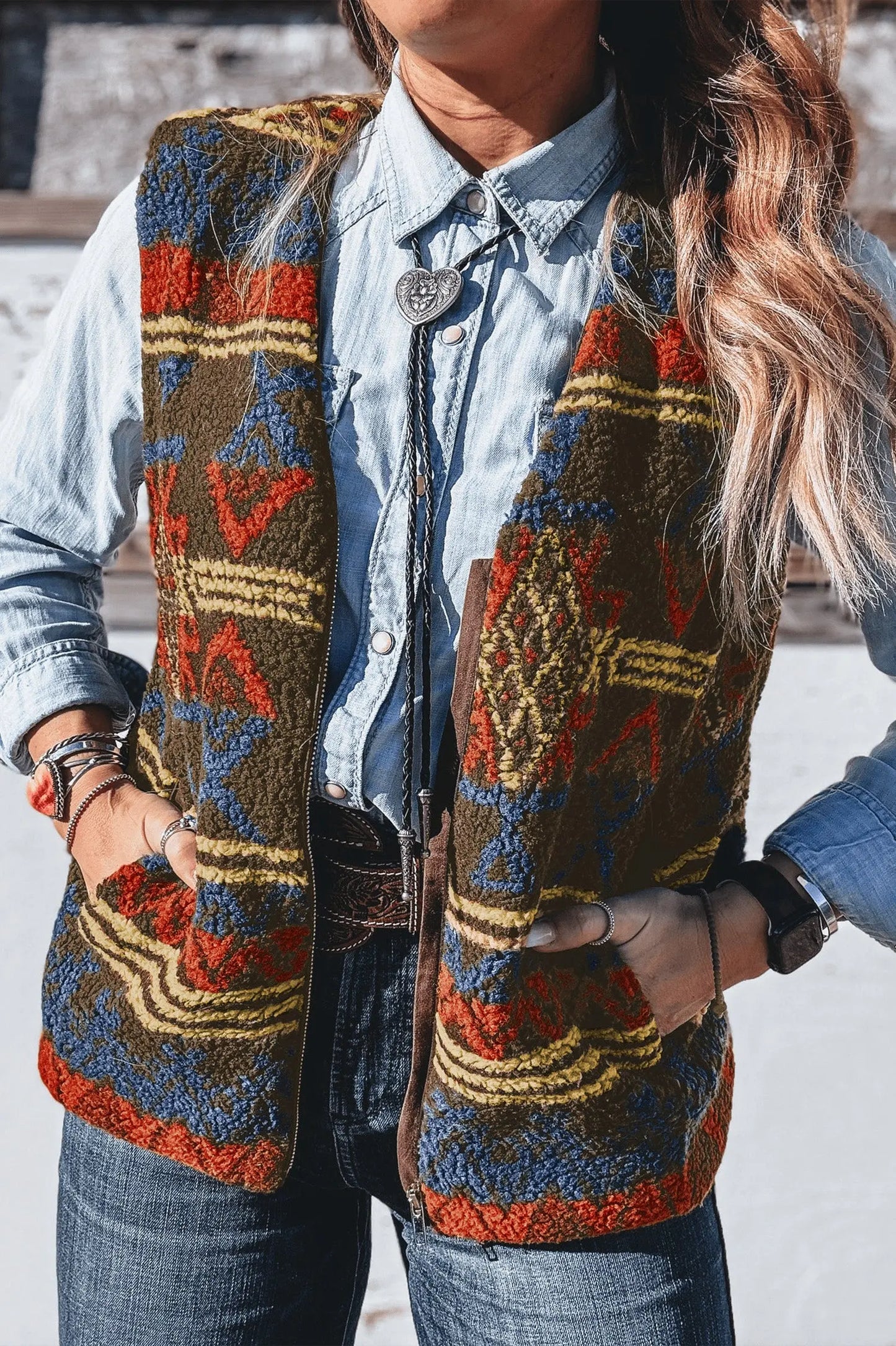 Multicolour Western Print Faux Fur Metal Zipper Insert Pockets Sleeveless Vest