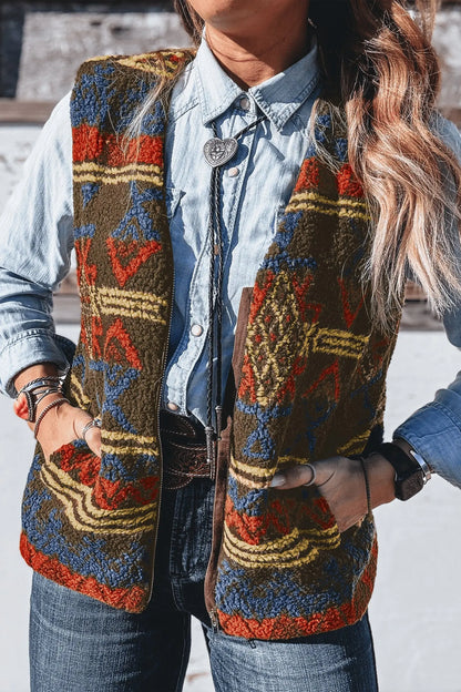 Multicolour Western Print Faux Fur Metal Zipper Insert Pockets Sleeveless Vest