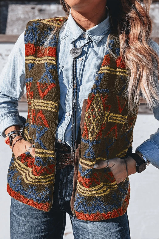 Multicolour Western Print Faux Fur Metal Zipper Insert Pockets Sleeveless Vest