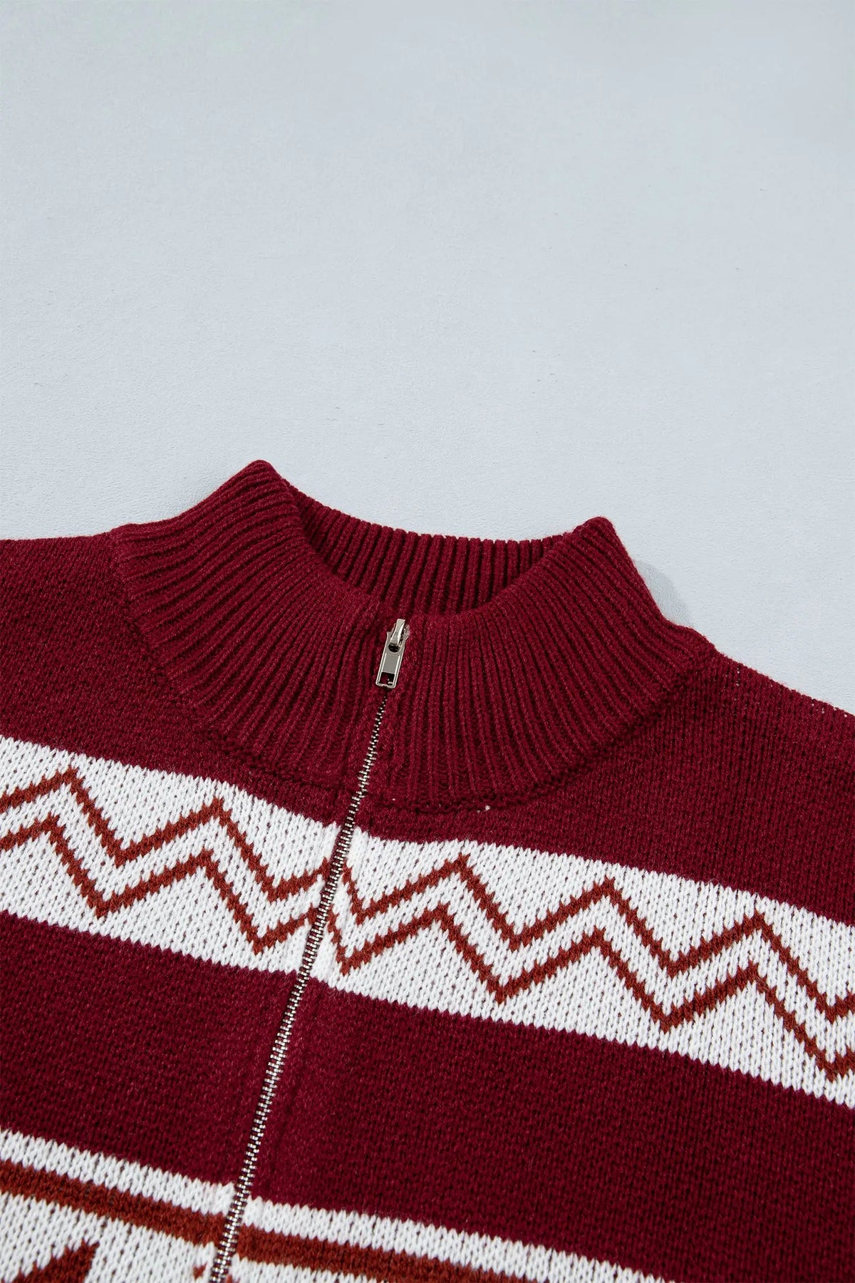 Red Geometric Pattern Zip-Up Knit Long Sleeve Regular Fit Cardigan