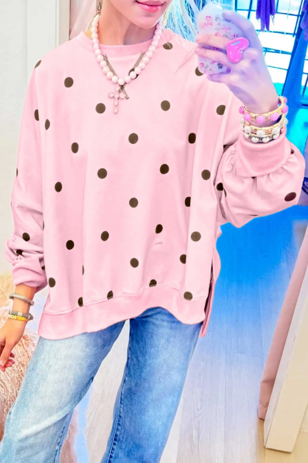 Pink Polka Dot Loose Long Sleeve Split Hem Pullover Top