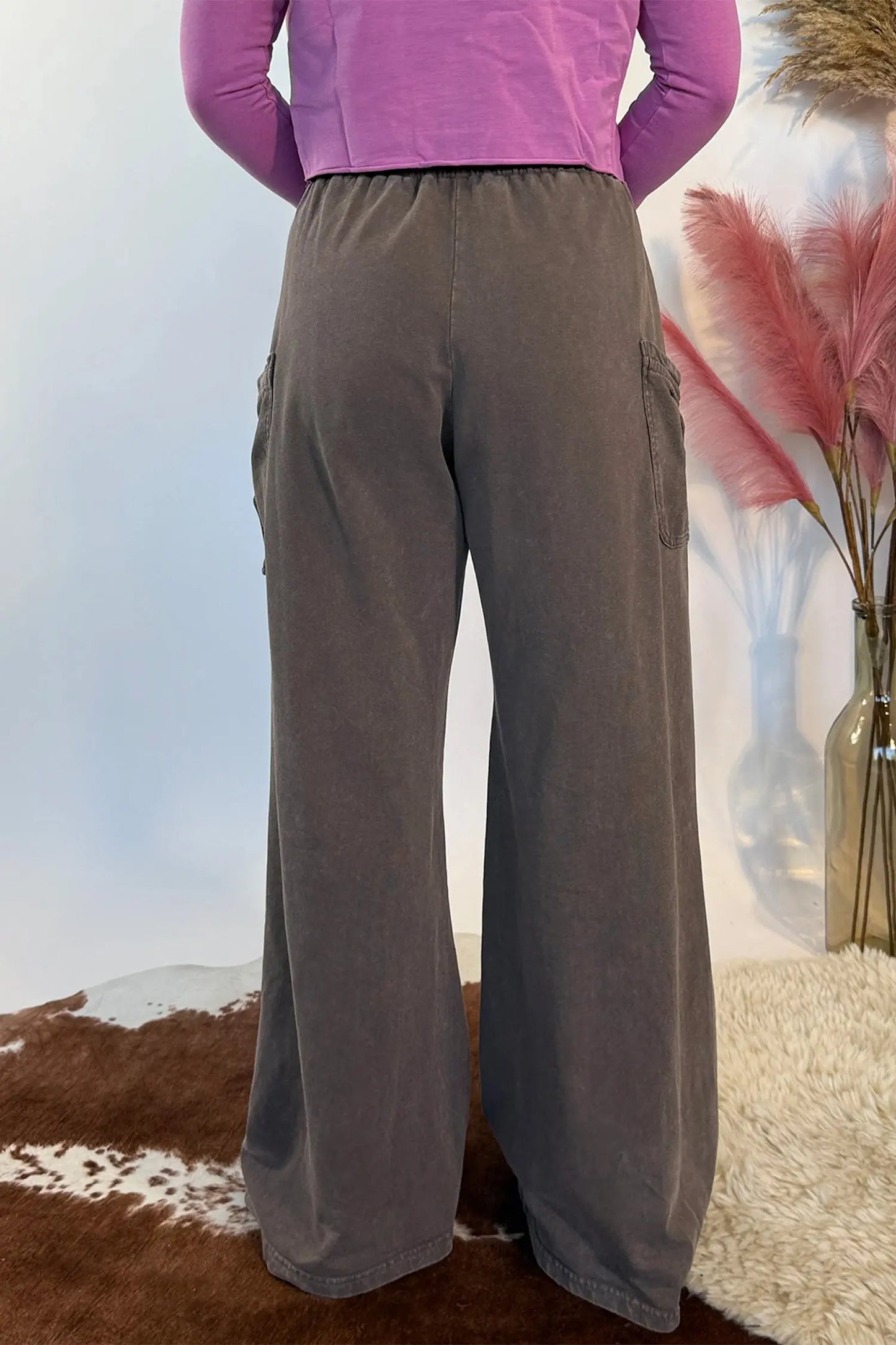 Dark Brown Cotton Mineral Wash Elastic Waist Drawstring Tie Detail Cargo Pants
