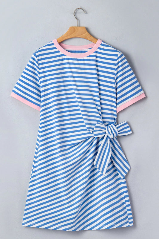 Sky Blue Stripe Nautical Tie Contrast Trim Round Neck T Shirt Mini Dress Nataliz