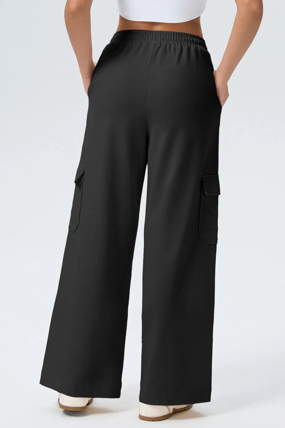 Black Solid Color Drawstring Elastic Waist Cargo Patch Pocket Active Pants