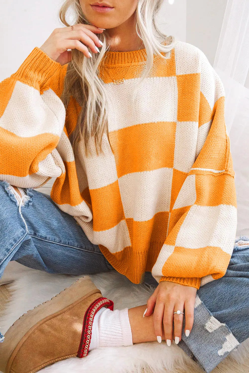 Black Checkered Bishop Sleeve Sweater