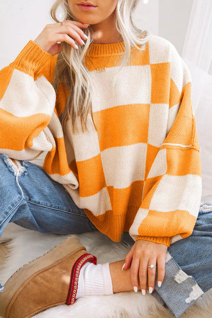 Black Checkered Bishop Sleeve Sweater
