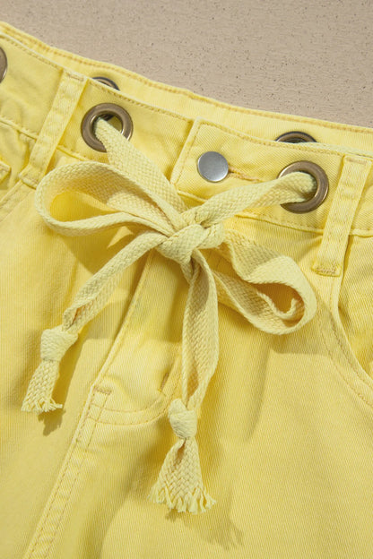 Yellow Solid Color Grommet Detail Knot Waist Barrel Jeans