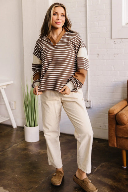 Brown Stripe Collar V Neck Color Block Detail Long Sleeve Pullover Top