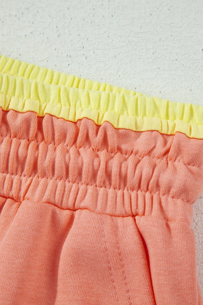 Grapefruit Orange Color Block Flower Patchwork Drawstring Contrasted Elastic Waist Wide Leg Pants Nataliz