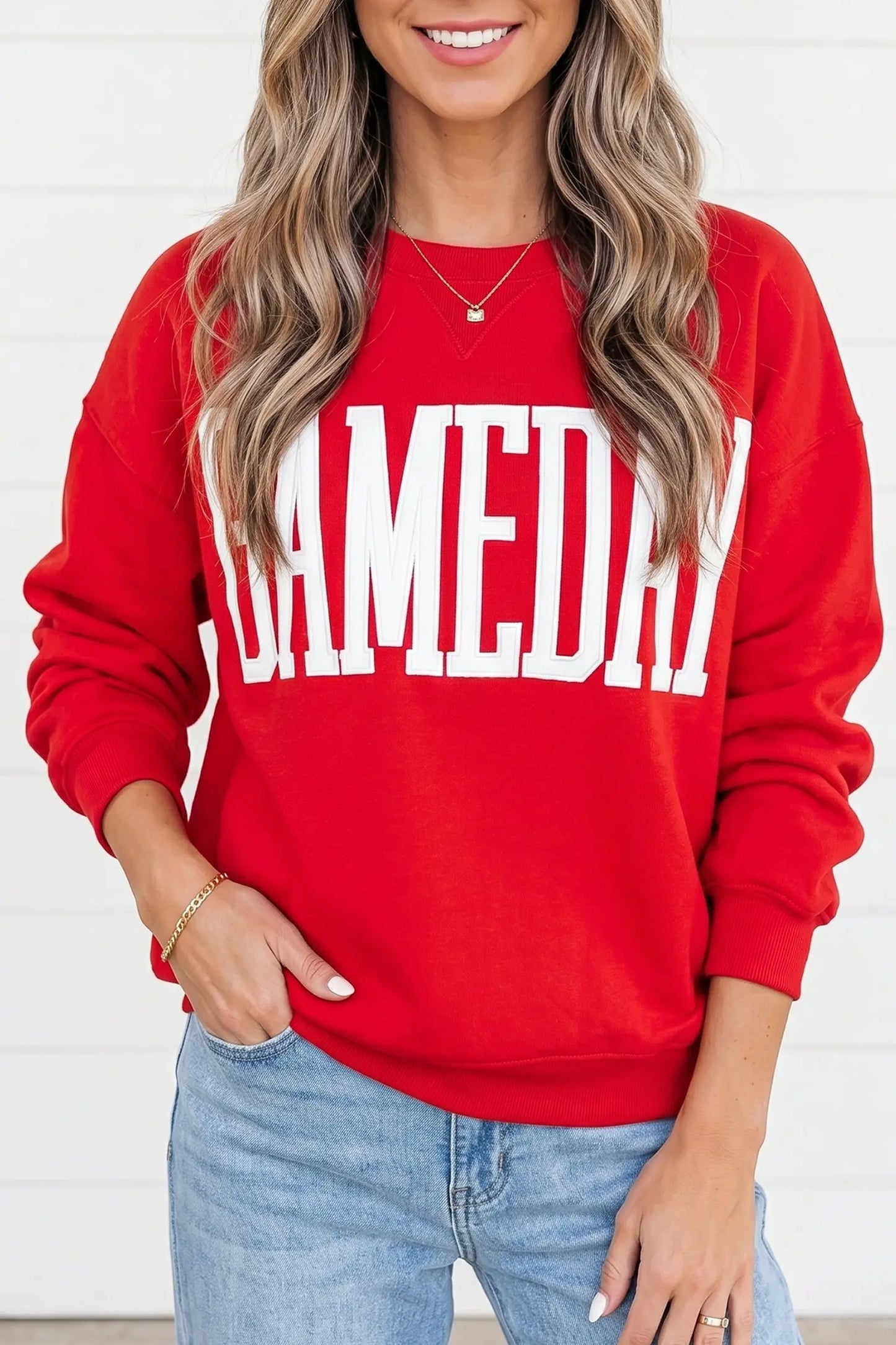Sky Blue GAMEDAY Embroidered Patch Pattern Casual Shift Sweatshirt
