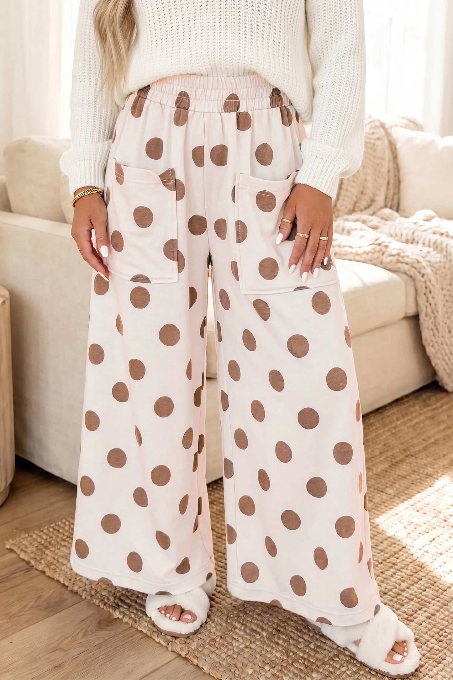 Brown Polka Dot Wide Leg Elastic Waist Casual Pants