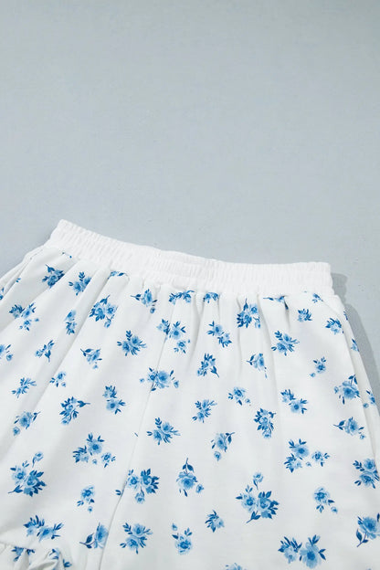 Sky Blue Floral Print Long Sleeve Top Elastic Waist Ruffle Hem Shorts 2pcs Set