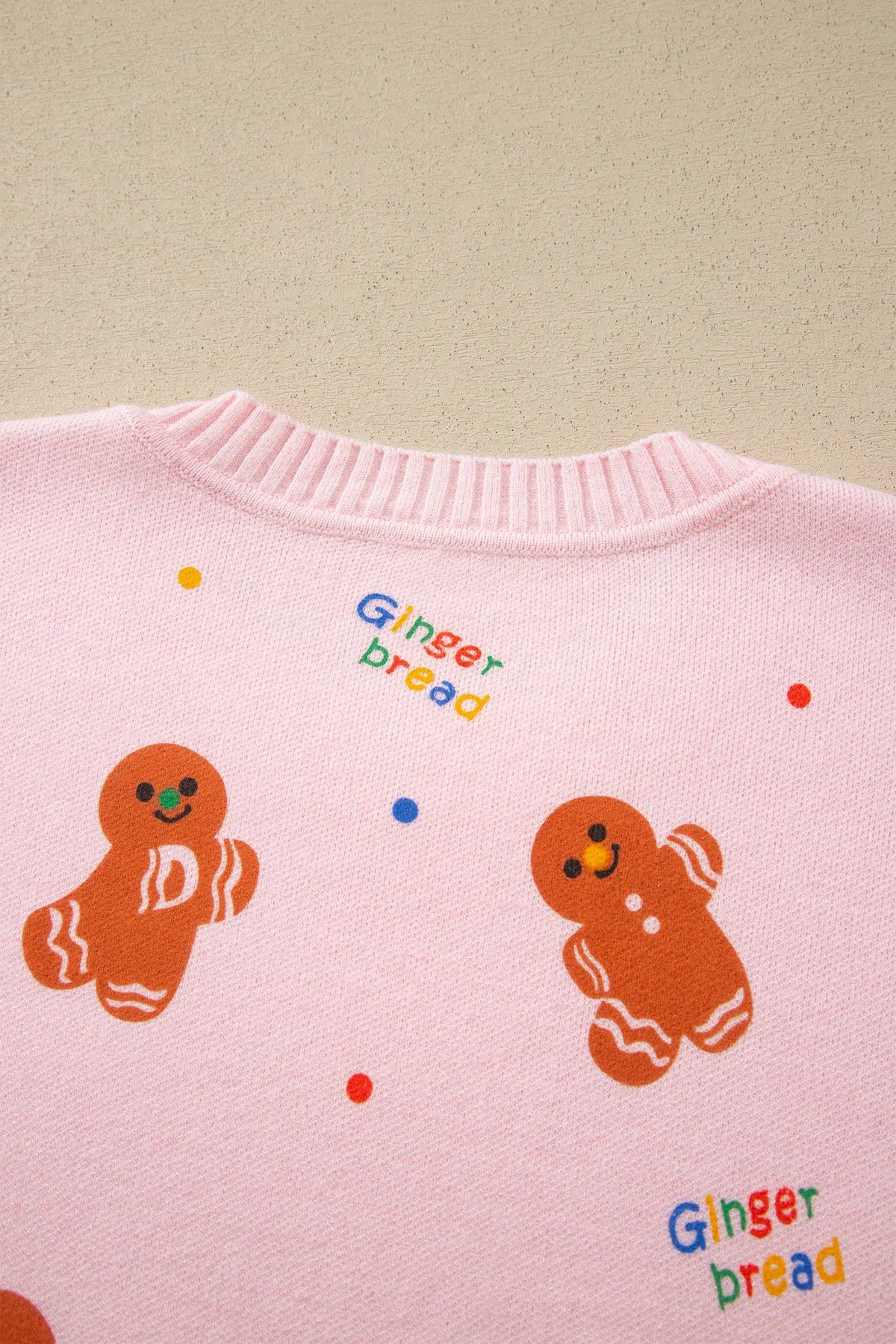 Pink Festive Gingerbread Pattern Long Sleeve Round Neck Sweater