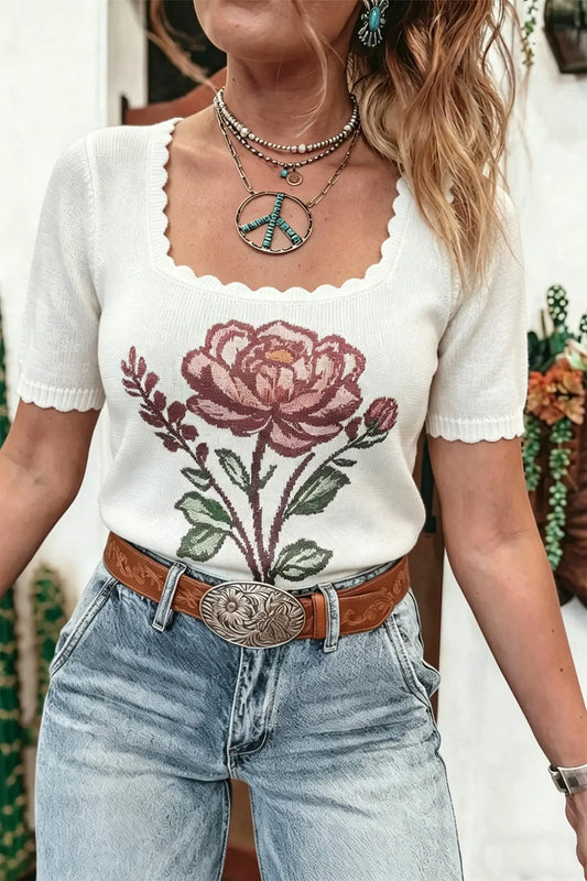 White Western Floral Print Short Sleeve Square Collar Knit Sweater