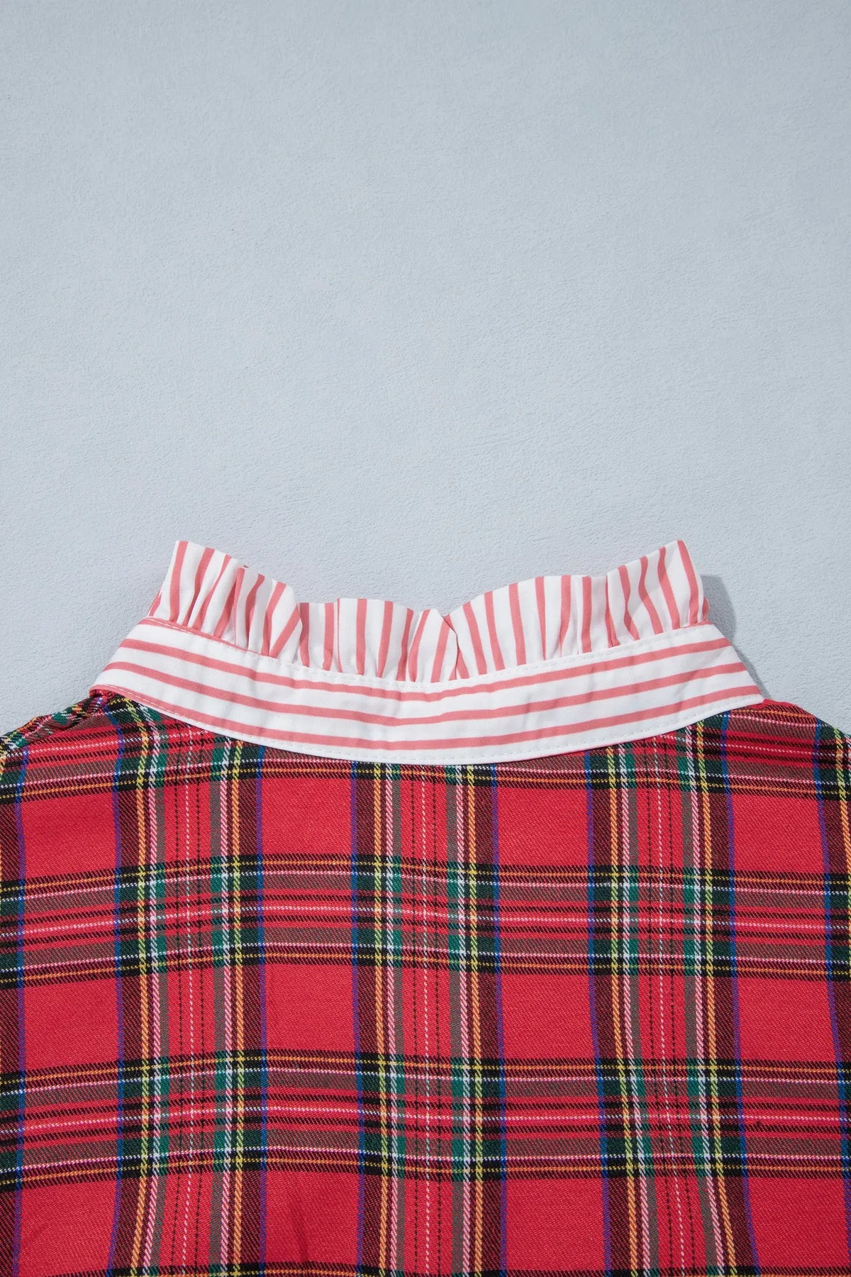 Red plaid v neck collar cuff shift dress detail view · nz-alt-v1