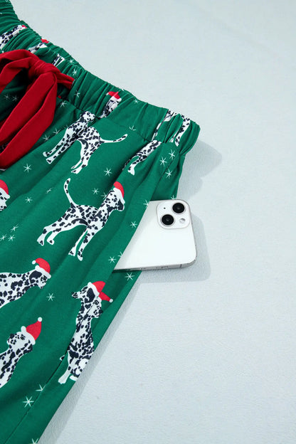 Green Long Sleeve Dog Print Two Piece Shift Lounge Set