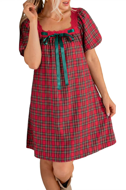 Red Plaid Square Collar Lace Trim Short Sleeve Shift Mini Dress