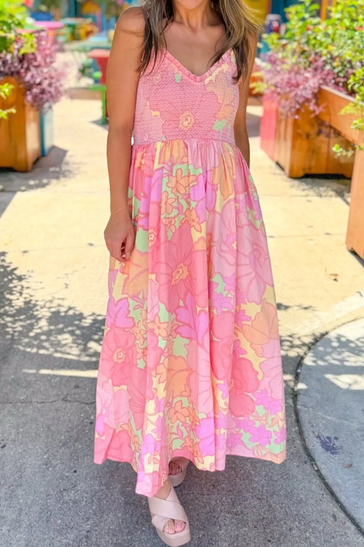 Pink Spaghetti Straps Floral Shirred High Waist Dress model front view · nz-alt-v1