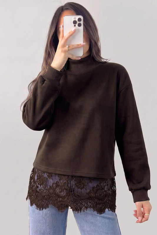 Coffee Solid Color High Neck Lace Hem Pullover Sweatshirt model front view · nz-alt-v1