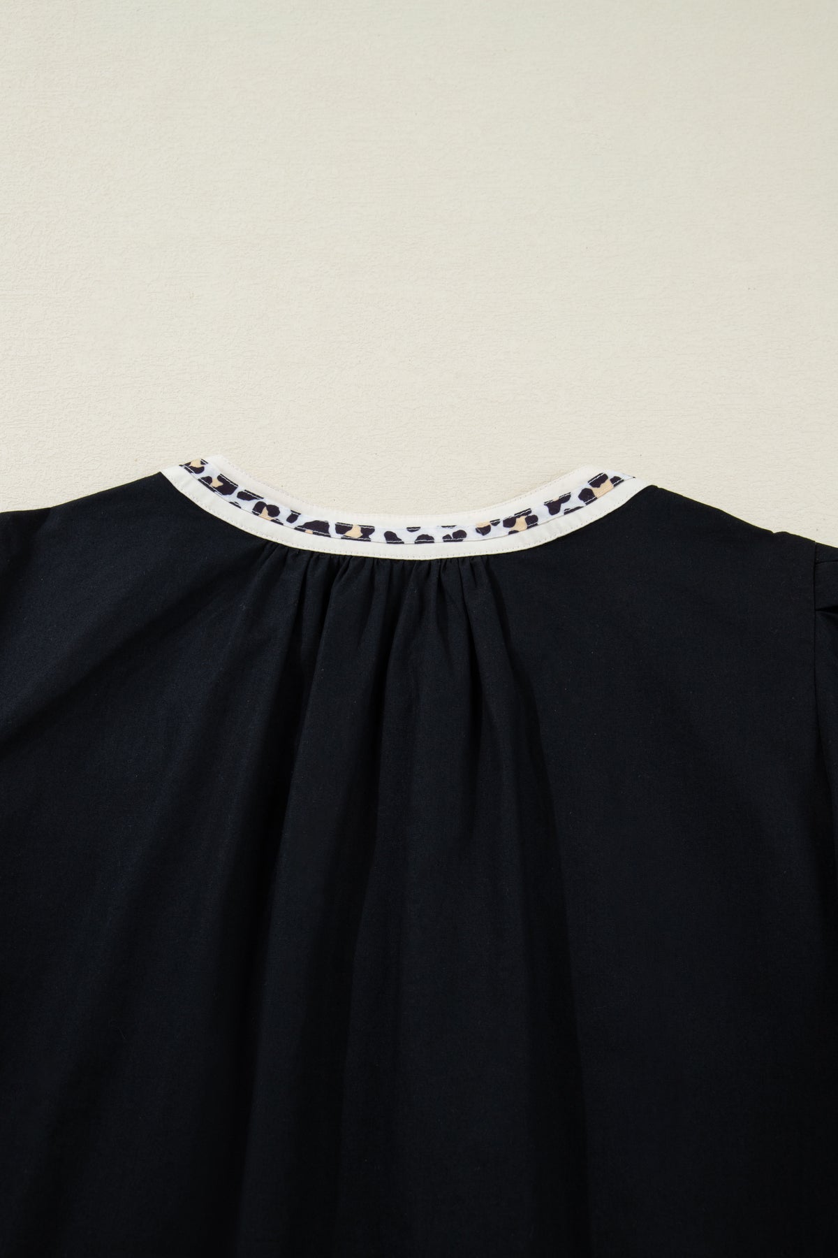 Cotton Black Leopard Trim Notched Neck Short Puff Sleeve Shift Mini Dress