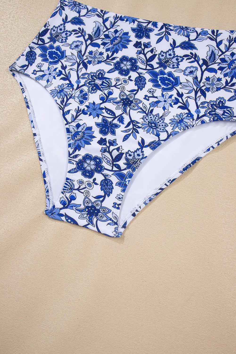 Blue Floral Print Hardware Accent Notched Neck High Waist Bikini Set