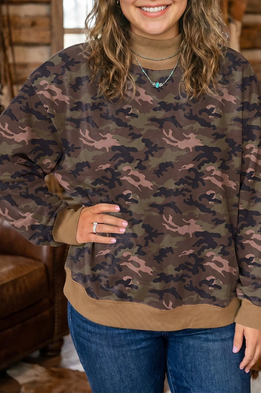 Green camouflage print high neck plus size sweatshirt model front view · nz-alt-v1