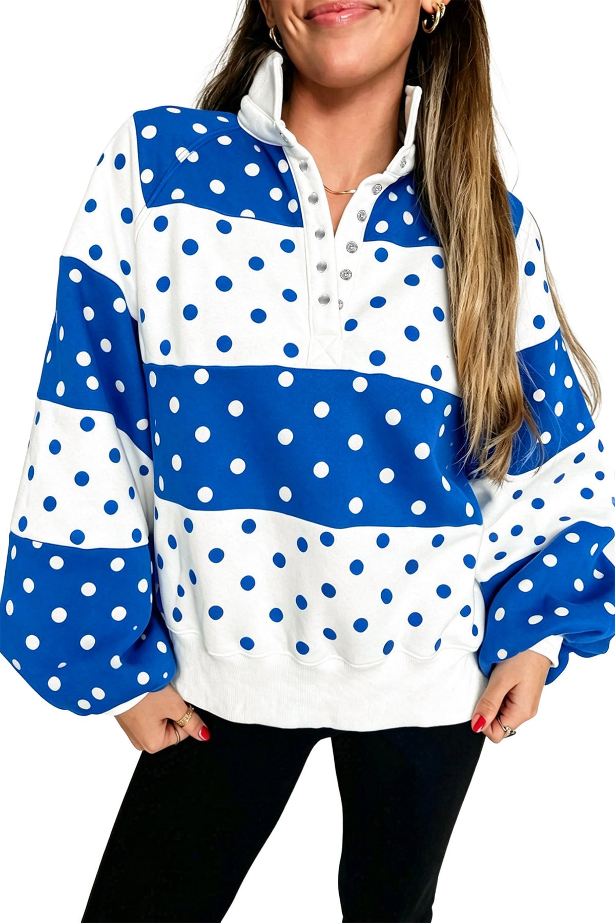Blue Polka Dot Colorblock Half Zip Puff Sleeve Pullover Sweatshirt