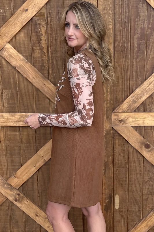 Coffee geometric embroidery sleeveless corduroy shift dress model back view · nz-alt-v1