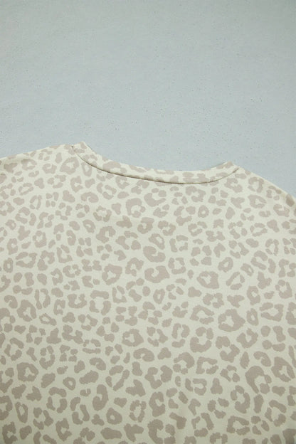Apricot Leopard Print Varsity Striped Detail 3/4 Sleeve Top Shift Pant Set