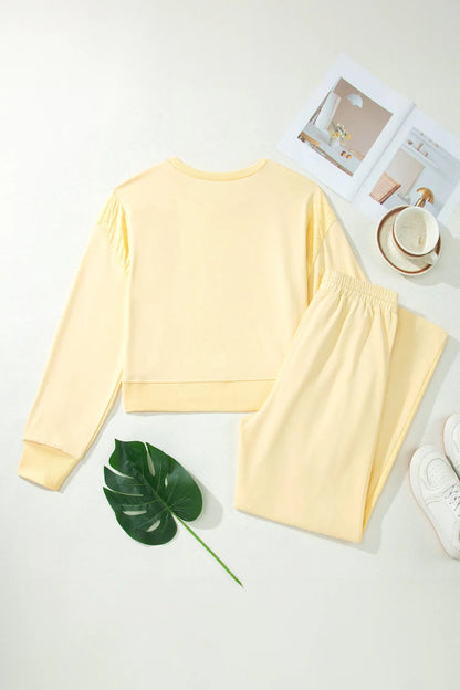 Yellow Cream Eyelet Embroidered Lace Patchwork Cropped Pullover Drawstring Pants Set