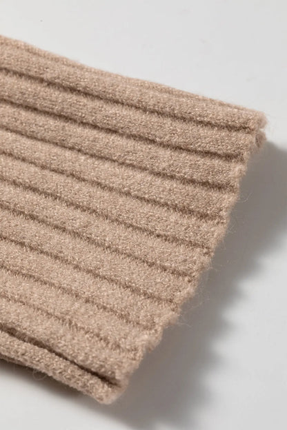 Beige Ribbed Trim High Neck Short Sleeve Casual Sweater