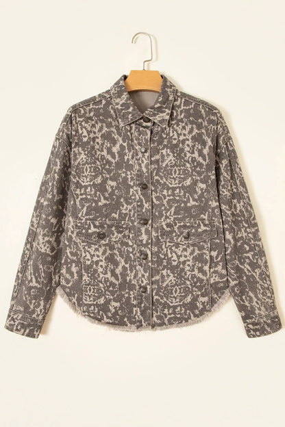 Khaki Abstract Print Long Sleeve Collar Raw Hem Denim Jacket