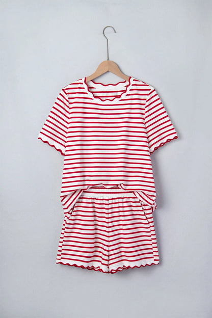 Red Stripe Scallop Trim Casual Top 2pcs Short Set