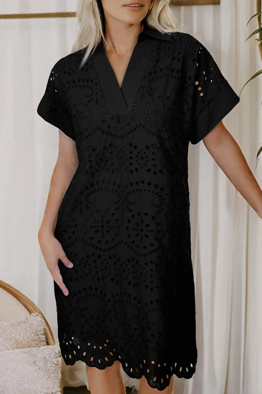 Black Solid Color Eyelet Embroidered T Shirt Mini Dress Nataliz
