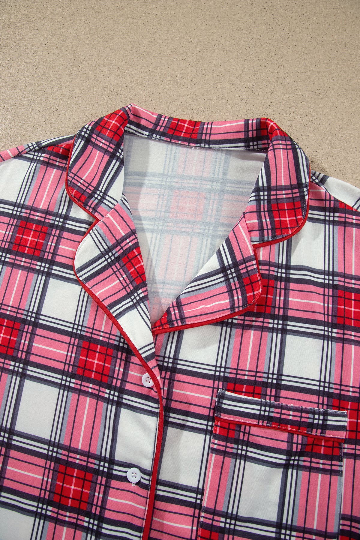 Red Plus Size Short Sleeve Button Down Plaid Pajama 2pcs Pant Set