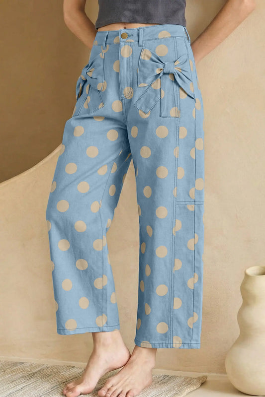Sky Blue Polka Dot Print Bow Detail Pocketed Jeans Nataliz