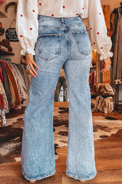 Beau Blue Acid Wash Pocket Detail Flare Jeans