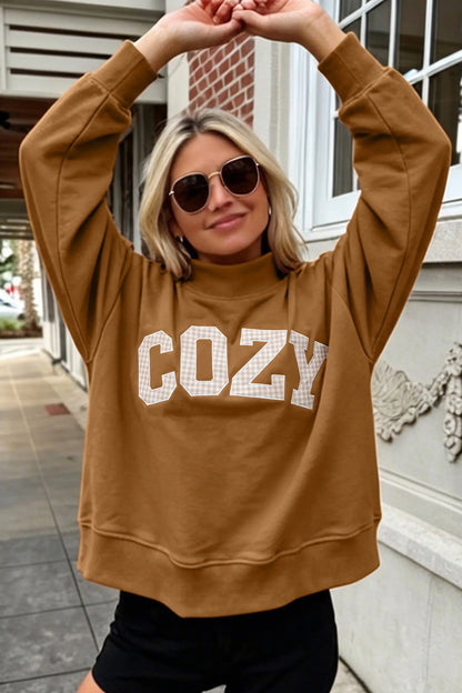 Chestnu COZY Embroidered Long Sleeve Stand Neck Shift Pullover Sweatshirt