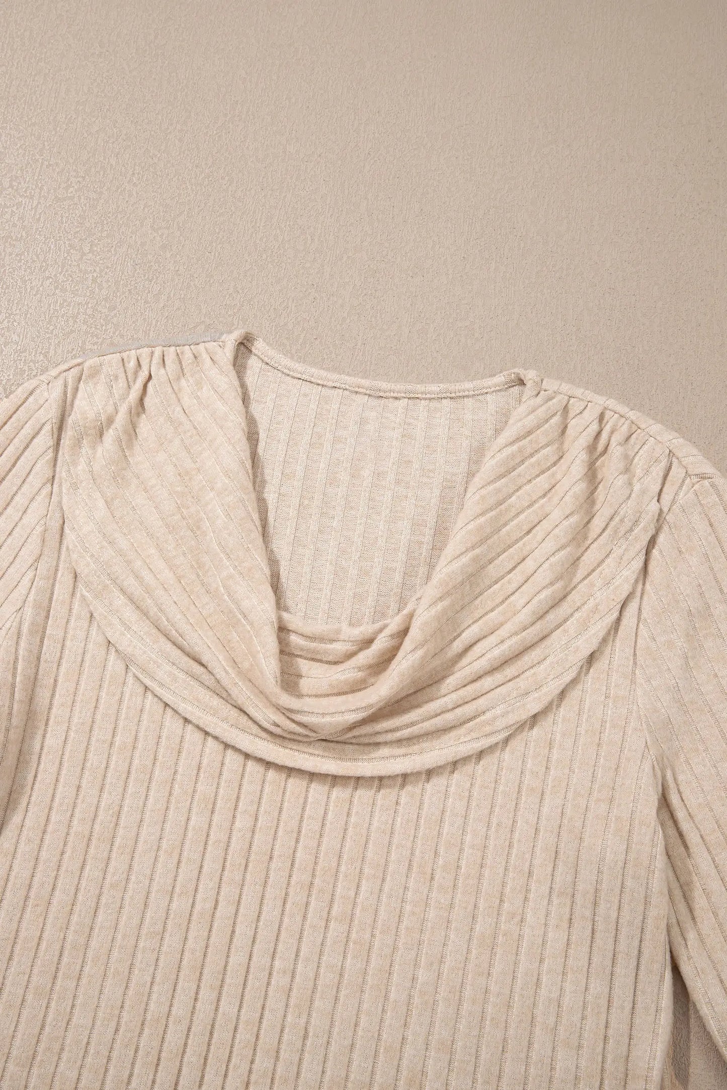 Apricot Solid Color Ribbed Knit Cowl Neck Long Sleeve Top