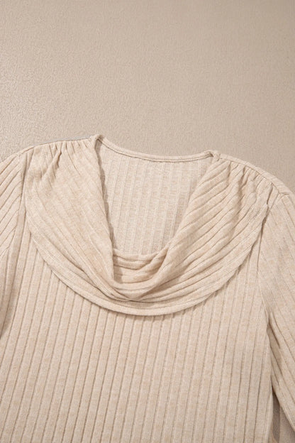Apricot Solid Color Ribbed Knit Cowl Neck Long Sleeve Top