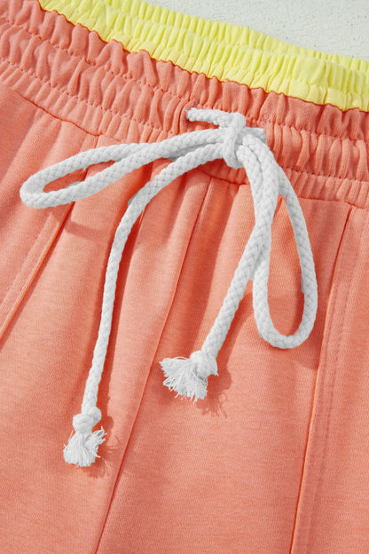 Grapefruit Orange Color Block Flower Patchwork Drawstring Contrasted Elastic Waist Wide Leg Pants Nataliz