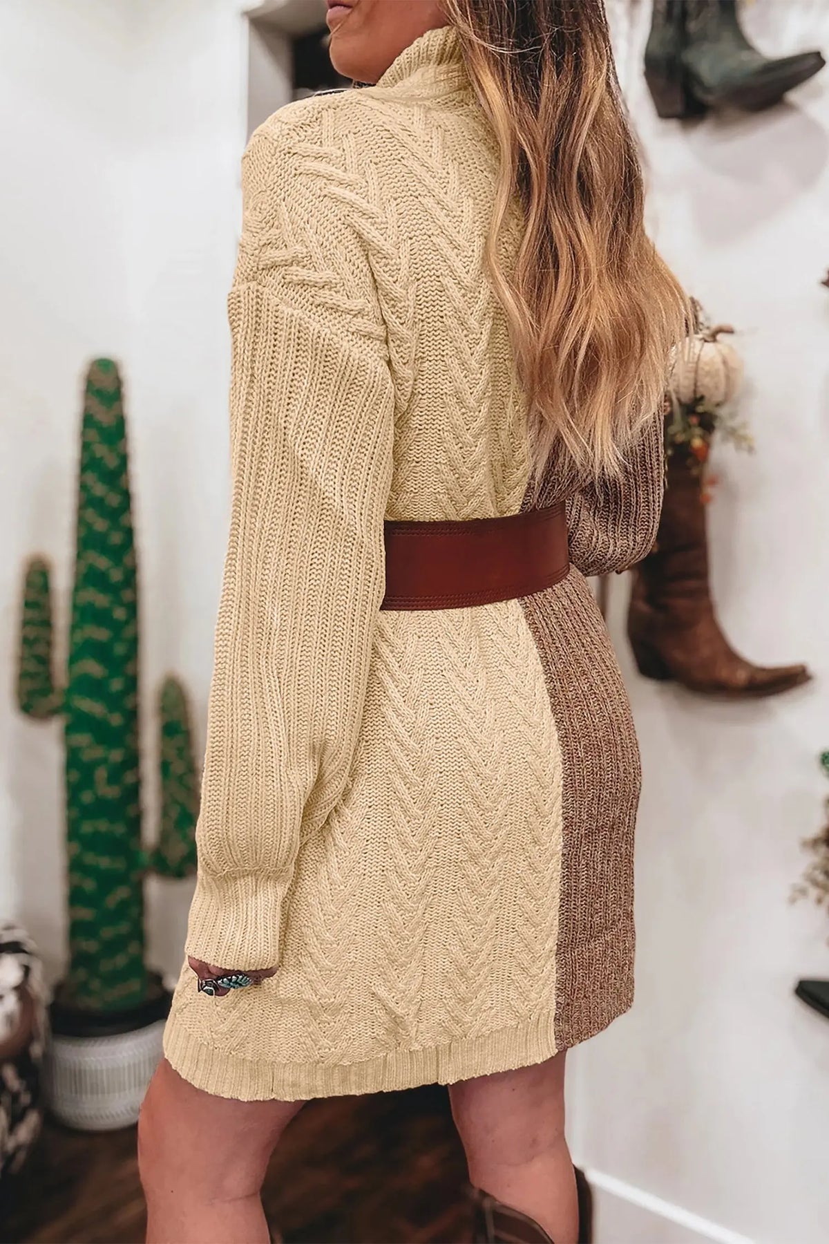 Parchment Cable Contrast Color Block Turtleneck Sweater Mini Dress