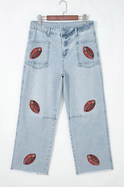 Beau Blue Sequin Rugby Pattern Raw Hem Casual Jeans