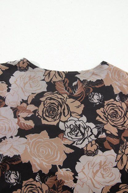 Black Floral Long Sleeve Asymmetric Ruffle Split Hem Mesh Dress